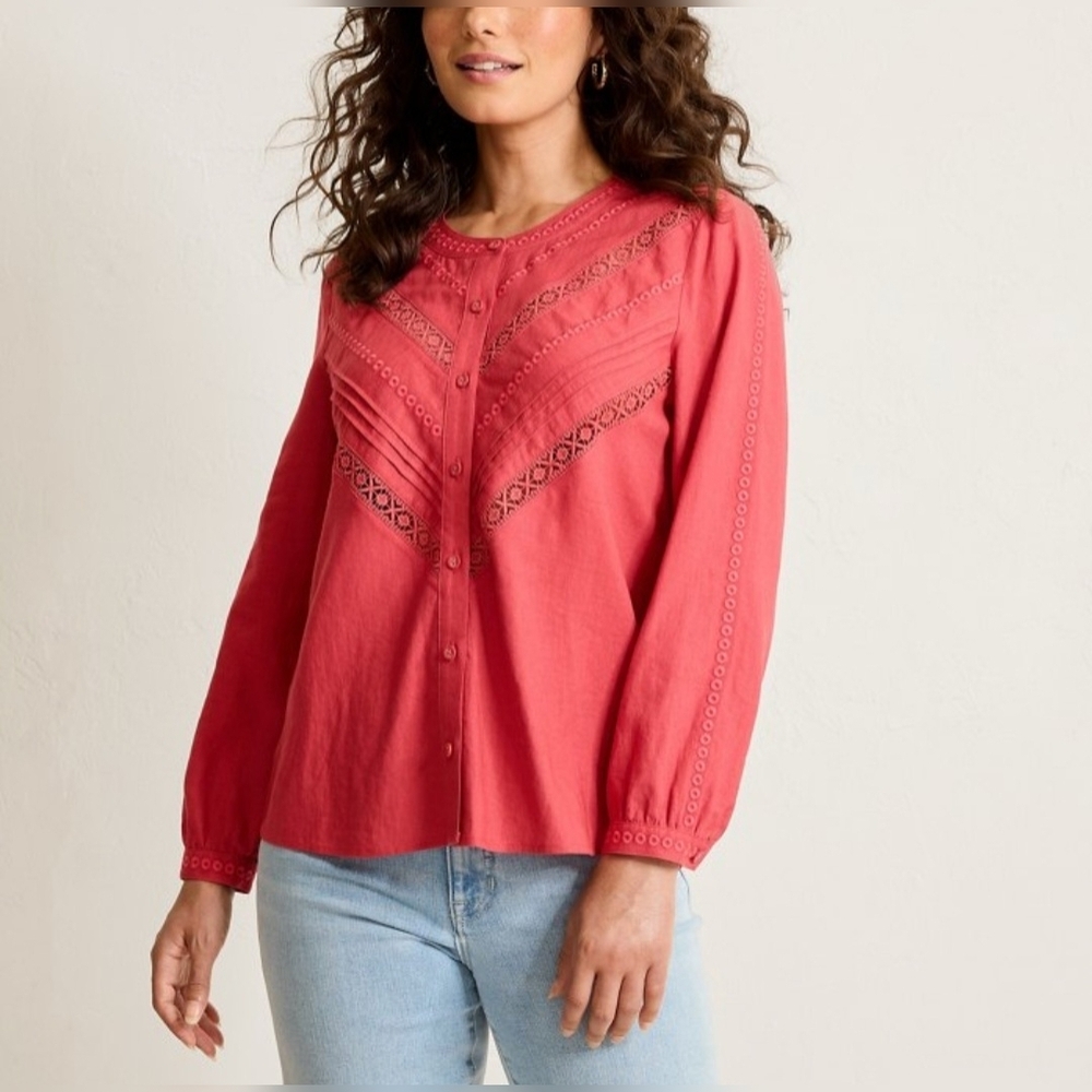 Palm Shores Lace Trim Linen-Blend Top